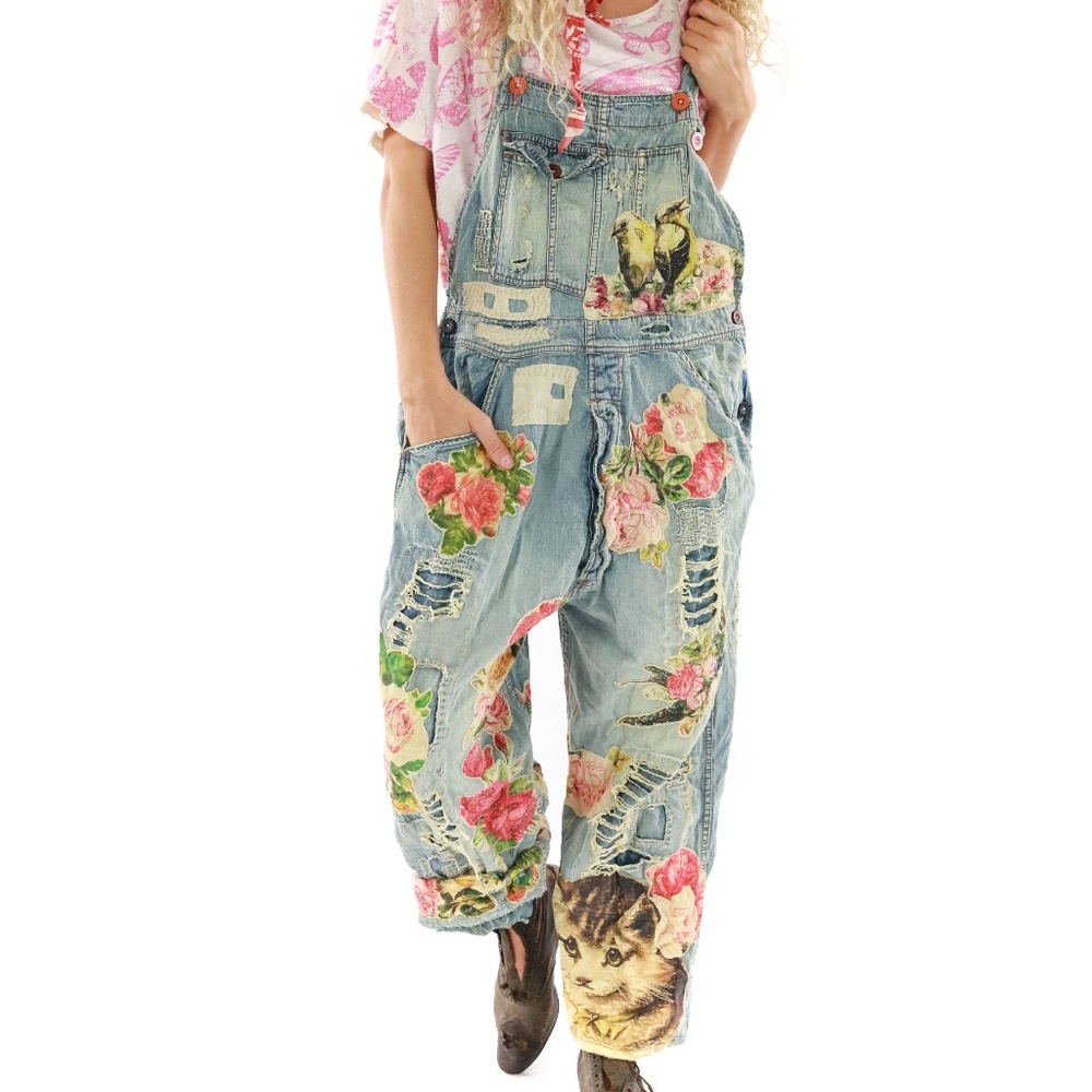 Magnolia Pearl Floral Applique Overalls 040